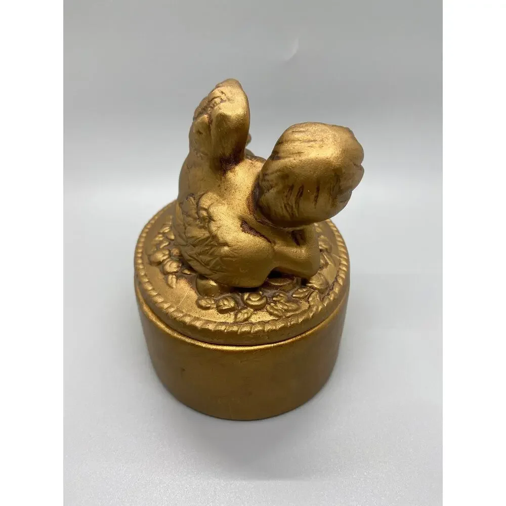 Vintage Ceramic Gold Toned Angel Cherub Trinket Box Jewelry Box Valentines Day